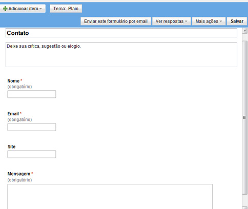 Fomulário de contato no blogger com o google docs