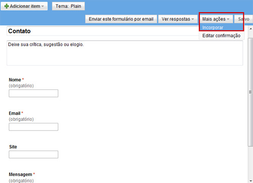 Fomulário de contato no blogger com o google docs