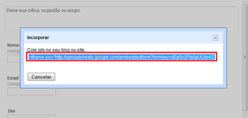 Fomulário de contato no blogger com o google docs