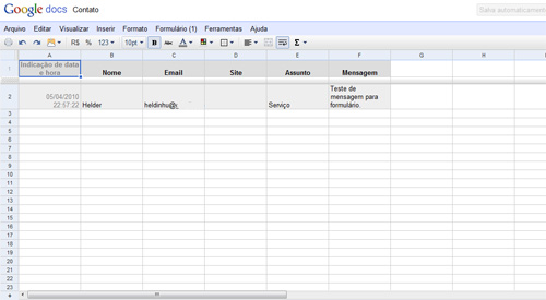 Fomulário de contato no blogger com o google docs