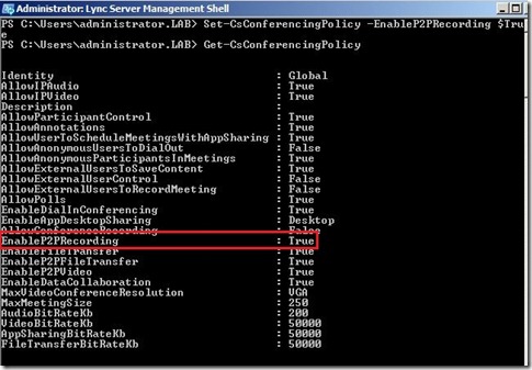 LyncRec - EnableP2PRec - shell and output - markup