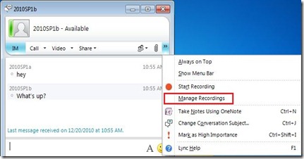LyncRec - Menu-StartRec - manage markup