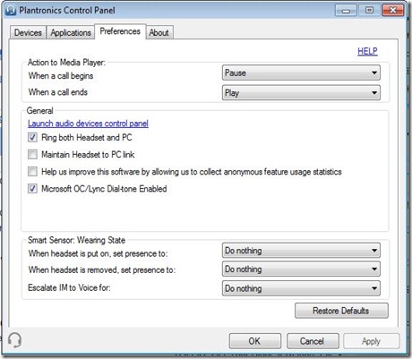 Plantronics - Preferences Tab Plantronics - Preferences Tab