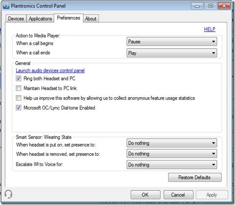 Plantronics - Preferences Tab