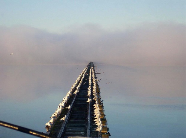 Railroad in fog at New Bern, North Carolina, USA Railroad in fog at New Bern, North Carolina, USA