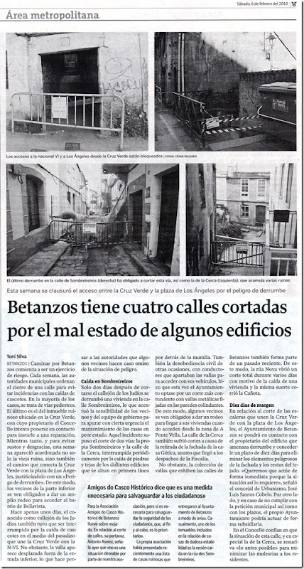 Recorte do xornal "El Ideal Gallego" correspondente ao sábado 6 de febreiro de 2010