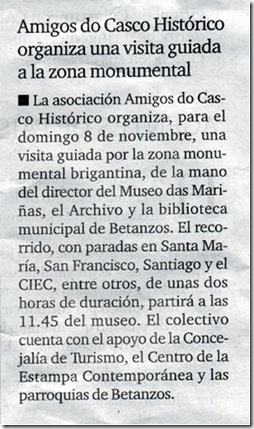 Recorte do xornal "El Ideal Gallego" correspondente ao xoves 5 de novembro de 2009