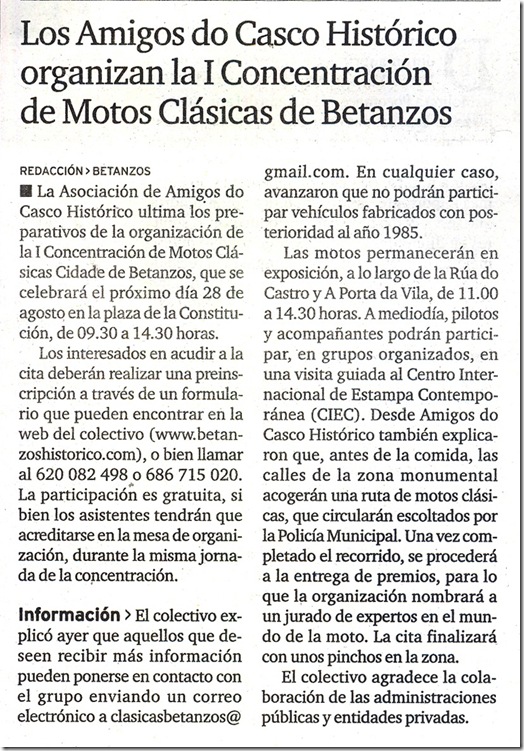 Recorte do xornal "El Ideal Gallego" correspondente ao xoves 5 de agosto de 2010