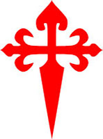 Cross of St James - 

The Cross of St. James,, similar to a Cross Flory Fitch, is formed by a Cross Flory, where the lower part is fashioned as a sword blade (fitched)—making this a cross of a warrior. It is most frequently depicted in red
