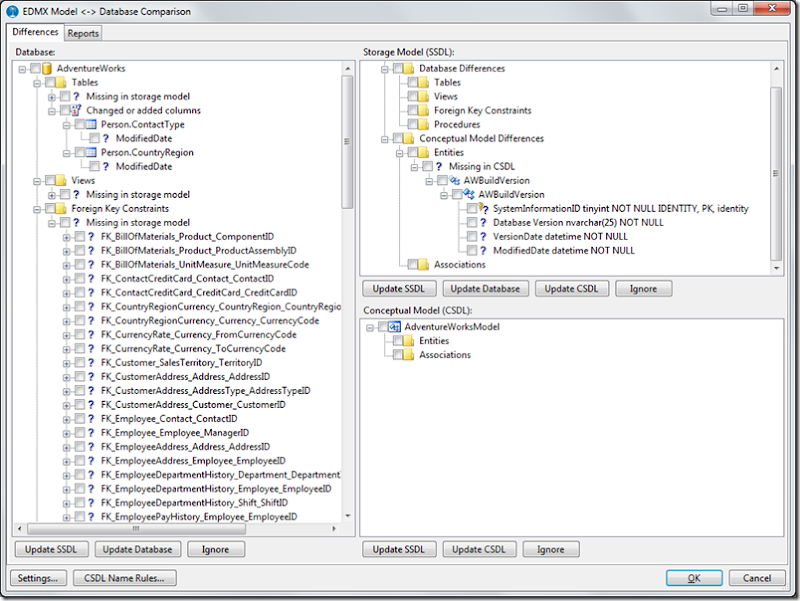 Model Comparer / Differences tab