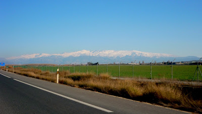 Snow-covered mountains on our way to Galera