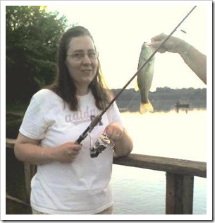 Liz catches a fish