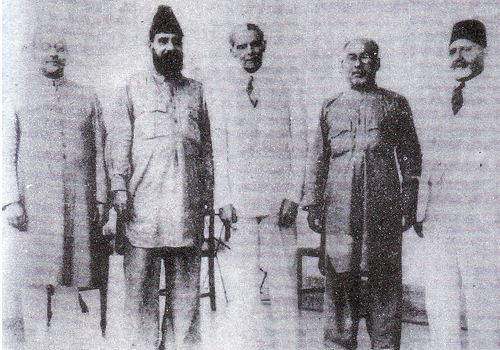 [Quaid-e-Azam with Liaquat Ali Khan, Allama Mashraqi. Barrister Mian Ahmed Shah and Sir Ziauddin Ahmed[5].png]