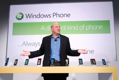 Microsoft CEO Steve Ballmer unveils the new Windows Phone 7 series during a global event Monday, Oct. 11, 2010 in New York. (Microsoft Photo/Jason DeCrow)