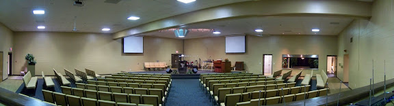 Calvary Tabernacle's new auditorium, as seen from the sound booth at the back of the room.