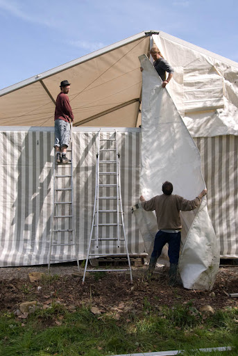 setting up the dining tent