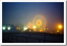 Wonderland Pier ferris wheel on a foggy night