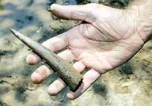 This 8-inch-long bone tool was discovered Tuesday and is one of several items found during the dig. Well-preserved bone fragments, pottery shards, limestone flooring, arrowheads and bone tools will be catalogued from the site.   This 8-inch-long bone tool was discovered Tuesday and is one of several items found during the dig. Well-preserved bone fragments, pottery shards, limestone flooring, arrowheads and bone tools will be catalogued from the site.