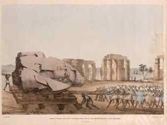In 1815, antiquarian Giovanni Belzoni plundered Egyptian treasures for the British Museum. This print shows the 7-ton bust of Rameses II, or “the Young Memnon” as it was known then, on its 17-day trip to the Nile River.