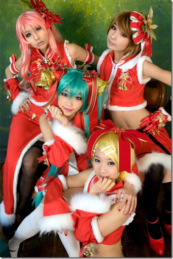 vocaloid cosplay - megurine luka, meiko, hatsune miku, and kagamine rin