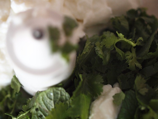 leaves and yoghurt in the processor