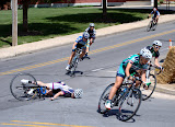 Katharina Weber of the team Alderfer Bergen crashes May 9, 2010, during the Sunday Criterium of the Joe Martin Stage Race in Fayetteville, Arkansas.