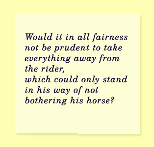 would it in all fairness not be prudent to take everything away from the rider, which could only stand in his way of not bothering his horse?