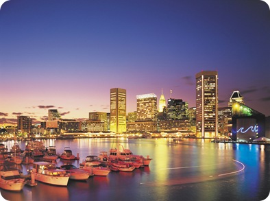 The Baltimore Skyline and Inner Harbor at Night