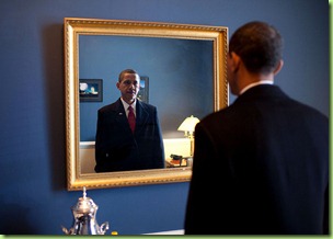 Jan. 20, 2009
“President-elect Barack Obama was about to walk out to take the oath of office. Backstage at the U.S. Capitol, he took one last look at his appearance in the mirror.”
(Official White House photo by Pete Souza)

This official White House photograph is being made available only for publication by news organizations and/or for personal use printing by the subject(s) of the photograph. The photograph may not be manipulated in any way and may not be used in commercial or political materials, advertisements, emails, products, promotions that in any way suggests approval or endorsement of the President, the First Family, or the White House. 

