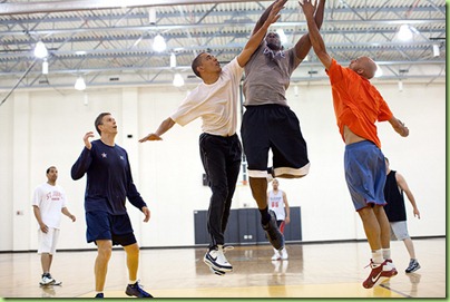 President Barack Obama attempts to block a shot by personal aide Reggie Love, during a basketball game at Fort McNair in Washington, D.C. , May 16, 2010. Secretary of Education Arne Duncan, left, watches the play. (Official White House Photo by Pete Souza)

This official White House photograph is being made available only for publication by news organizations and/or for personal use printing by the subject(s) of the photograph. The photograph may not be manipulated in any way and may not be used in commercial or political materials, advertisements, emails, products, promotions that in any way suggests approval or endorsement of the President, the First Family, or the White House. 