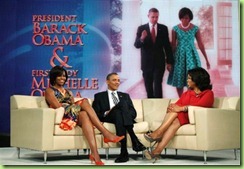 President Barack Obama and first lady Michelle Obama are pictured with Oprah Winfrey during a taping of The Oprah Winfrey Show at Harpo Studios in Chicago, Wednesday, April 27, 2011. (AP Photo/Charles Dharapak)
