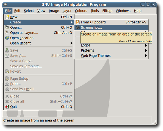 picture of gimp open to create screenshot