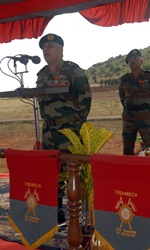 Indian army Maj. Gen. Anil Malik, general officer commanding, 31st Armored Division and keynote speaker at the opening ceremony for Exercise Yudh Abyas 09, addresses participants in the bilateral annual exercise. YA09 opened with a ceremony at the Babina Indian army base, Oct. 12. Participants this year are Soldiers from the Indian Army’s 94th Armored Brigade command, 7th Mechanized Brigade and U.S. Army’s  2nd Squadron, 14th Cavalry Regiment, 2nd Stryker Brigade Combat Team, based in Schofield Barracks, Hawaii.