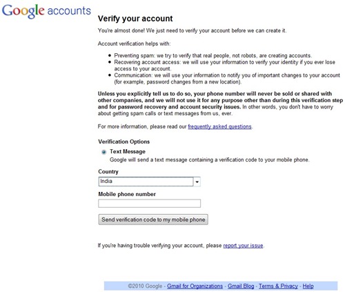 Google asking for a cell phone number to register a new account