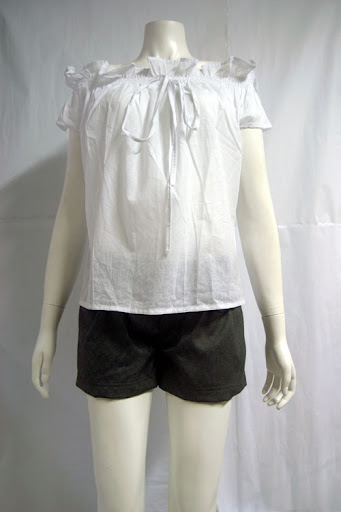 Elastic ruffle collar blouse with ribbon tie. White cotton - can be worn off shoulder. MPJY0409-001 S$33.90 PTP: 16" STH" 23"