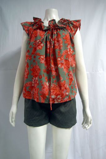 Elastic ruffle collar blouse with ribbon tie. Grey cotton with red flowers - can be worn off shoulder. MPJY0409-003 S$33.90 PTP: 16" STH" 23"