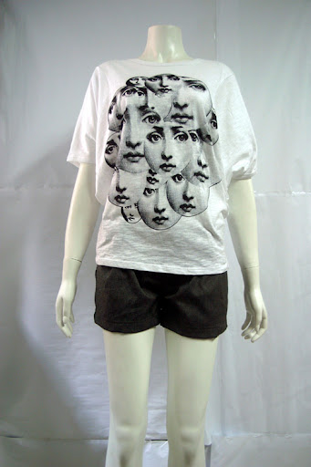 "Ladies Head" bat wing lady tee-shirt. Silkscreen in black on white cotton. MPGG0409-001 S$ 33.90 PTP:20" STH: 25" Waist: 34"