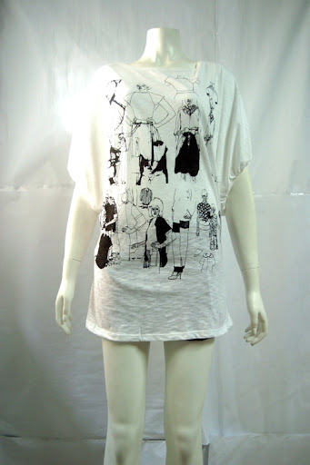 "Fashion Sketch" bat wing tee-shirt dress. Silkscreen in black on white cotton. MPGG0409-005 S$ 39.90 PTP:20" STH: 33" Waist: 34"