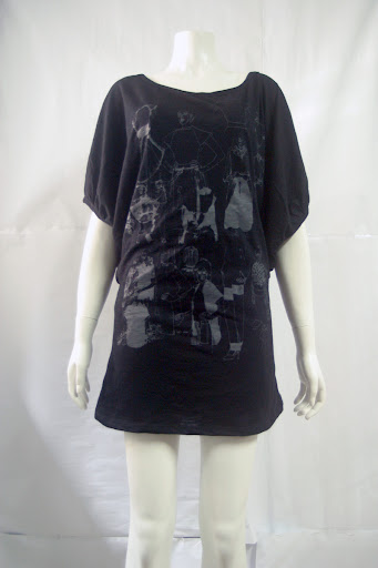 "Fashion Sketch" bat wing tee-shirt dress. Silkscreen in white on black cotton. MPGG0409-006 S$ 39.90 PTP:20" STH: 33" Waist: 34"