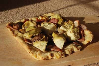 Potato Pizza with Ham, Artichoke and Mushrooms