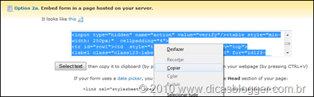 Copiando o código 123contactform