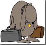 Clipart Illustration of a Sad Dog Sulking And Carrying Two Bags After Being Kicked Out Of His Home