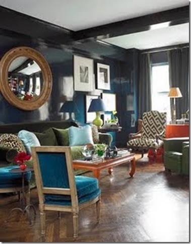 This room by Miles Redd is filled with peacock blue accents wall color 
