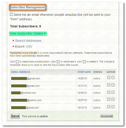 FeedBurner, FeedCount, Subscriber Management, RSS, القائمة البريدية,
