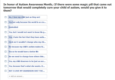 If there was some magic pill that came out tomorrow that would completely cure your child of autism would you give it to them?