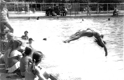 Eva Farkas-Fischhof demonstrating a pool jump during the days she was a swimming champion