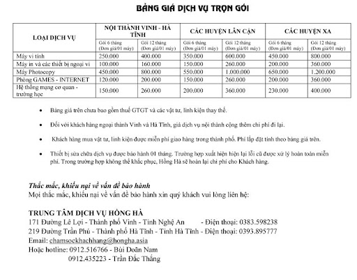 Bảng giá dịch vụ sữa chửa Bảng giá dịch vụ sữa chửa