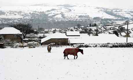Snow-covered fields in New Mills, Derbyshire