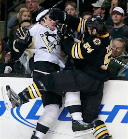 Bruins Adam McQuaid hits Penguins Matt Cooke