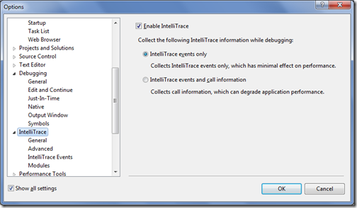 IntelliTracedialog in Visual Studio Dialog